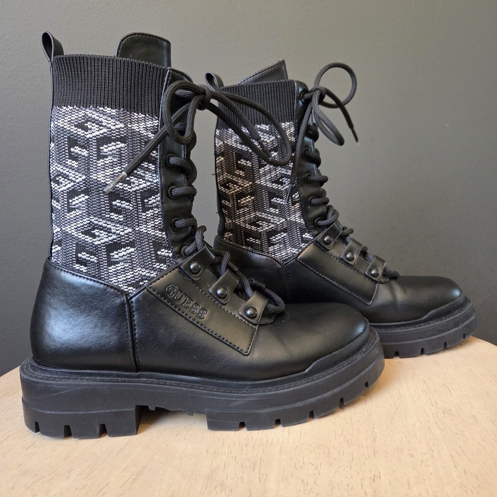 GUESS Women's Boots Size 6 Knit Combat Lace Up Black Vegan Leather Winter Grunge